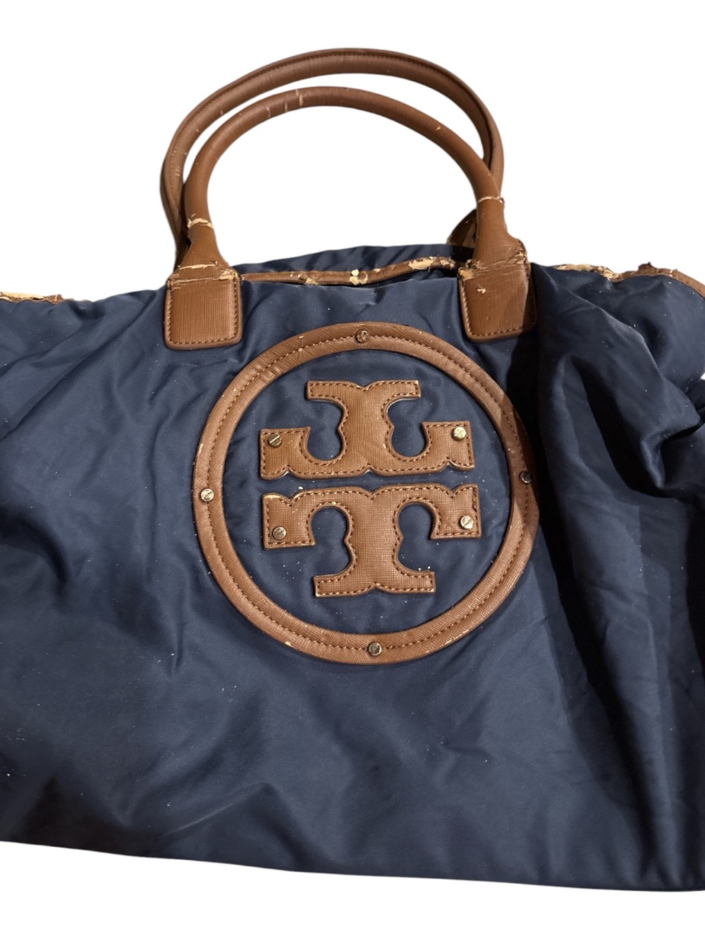 Tory Burch Navy Blue Canvas Tote with Brown Leather Trim and Logo